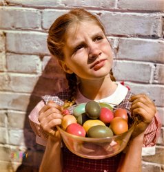 New Orleans, 1947. "Sidney Bacon with Easter eggs." Medium format color transparency by Toni Frissell Bacon; Sidney (1935-2011) was her daughter. View full size.
