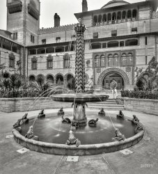 St. Augustine, Florida, circa 1897. "Fountain at Ponce de Leon Hotel." A phantasmagoria of Edison bulbs and expectorating amphibians. 8x10 inch dry plate glass negative by William Henry Jackson. View full size.