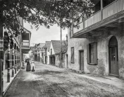 St. Augustine, Florida, circa 1894. "St. George Street." Trading in paint, window glass and wallpaper for the old houses in the nation's oldest city. 8x10 inch dry plate glass negative by William Henry Jackson. View full size.