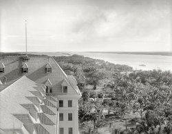 Palm Beach, Florida, circa 1897. "Lake Worth, south from the Royal Poinciana Hotel." 8x10 inch glass negative by William Henry Jackson. View full size.