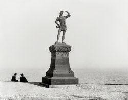LEIF THE DISCOVERER
SON OF ERIK
WHO SAILED FROM ICELAND
AND LANDED ON THIS CONTINENT
A.D. 1000
The shores of Lake Michigan circa 1899. "Leif Erikson statue, Milwaukee, Wisconsin." 8x10 inch dry plate glass negative. View full size.