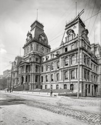 Circa 1900. "City Hall, Montreal, Quebec." Whose Second Empire facade received a Beaux-Arts makeover after a fire in 1922. 8x10 glass negative, Detroit Photographic Co. View full size.