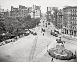 Manhattan circa 1901. "Union Square, N.Y. -- View from 14th Street and Union Square East up Fourth Avenue" (today's Park Avenue South). Highlights of this sparsely populated scene include George Washington pointing toward that Lunch Wagon (both since relocated), and numerous streetcars. 8x10 inch glass negative, Detroit Photographic Company. View full size.