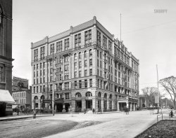 Milwaukee, 1900. "Hotel Pfister." Completed in 1893, and still standing at Wisconsin Avenue and Jefferson Street. 8x10 inch glass negative, Detroit Photographic Company. View full size.