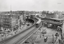 Manhattan circa 1900. "Chatham Square and 'El' tracks, New York City, N.Y." 8x10 inch dry plate glass negative, Detroit Photographic Company. View full size.