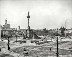 Circa 1900. "Soldiers' and Sailors' Monument, Cleveland, Ohio." A visual compendium of circa-1900 business-district standbys -- dealers in coke and coal, candy, harnesses, trusses, tresses (the "Hair Store") and what looks to be the world headquarters of Painless Dentistry. 8x10 inch glass negative. View full size.