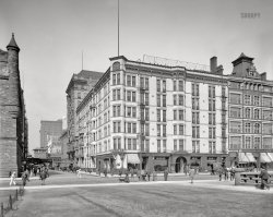 Chicago circa 1900. "Victoria Hotel, Michigan Avenue and Van Buren Street."  8x10 inch dry plate glass negative, Detroit Photographic Company. View full size.