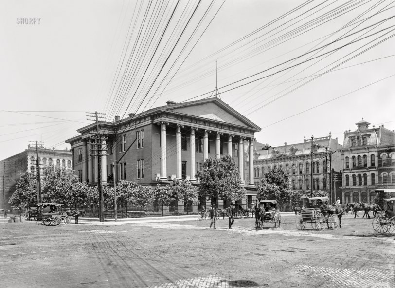 Fourth Court: 1900 Nashville, Tennessee, circa 1900. "Courthouse and Public Square." The "fourth courthouse," completed in 1857. 8x10 inch glass negative, Detroit Photographic Company. View full size.