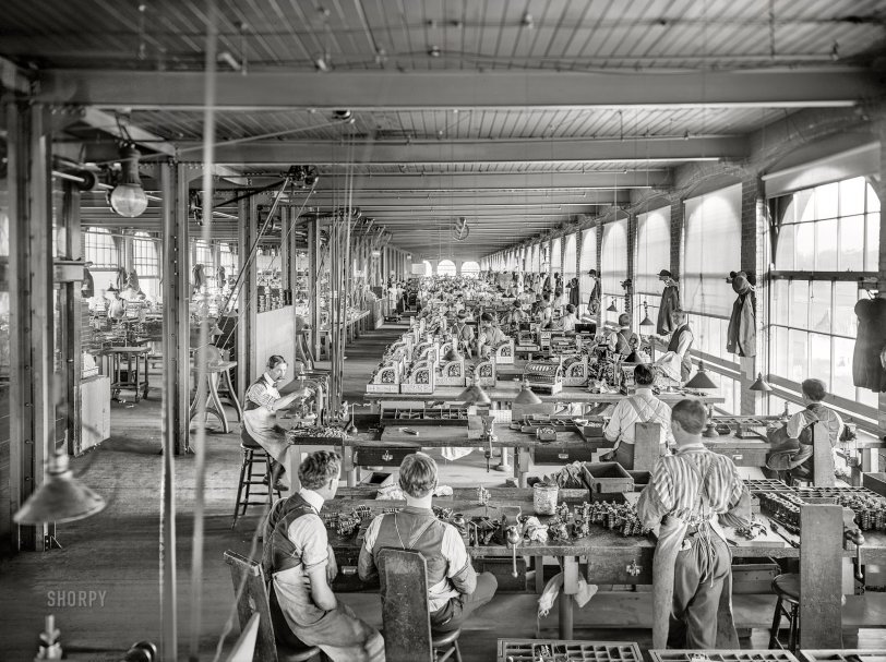 Parts and Labor: 1902 October 1902. Dayton, Ohio. "Assembling Department, National Cash Register." 8x10 inch dry plate glass negative by William Henry Jackson, Detroit Photographic Company. View full size.