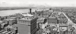 June 1908. "Detroit, Michigan -- general view to the west along Jefferson Boulevard and Fort Street." Looking over the Detroit River into Windsor, Ontario -- one of the few places where Canada is our neighbor to the south. This composite of two 8x10 glass negatives constitutes one-sixth of a 12-exposure mega-panorama. Detroit Publishing Company. View full size.