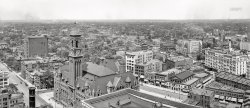 June 1908. "Greater Detroit." Our aerial overview of the Motor City continues with this Detroit Publishing panorama encompassing a brief stretch of Fort Street, the Federal Building post office, and Michigan and Grand River Avenues. As well as "THE GAYETY -- Detroit's New Home of Burlesque." Composite of two 8x10 inch glass negatives. View full size.