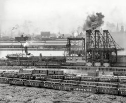 Circa 1910. "Maumee River waterfront -- Toledo, O." Railroads represented on the coal cars: Hocking Valley, Kanawha and Michigan, Zanesville & Western, Toledo & Ohio Central. 8x10 inch dry plate glass negative. View full size.