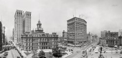 July 1913. "The heart of Detroit." Landmarks in this panoramic view over the Campus Martius include, from left, Fort Street, the twin towers of the Dime Savings Bank, City Hall, the Majestic Building at the corner of Michigan and Woodward Avenues, the Soldiers' and Sailors' Monument, and the Detroit Opera House. Detroit Publishing glass negatives. View full size.