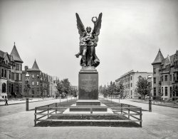 Baltimore circa 1903. "Confederate Soldiers' and Sailors' Monument, Mount Royal Avenue." Sculptor Frederic Ruckstull's allegorical bronze "Spirit of the Confederacy," whose Latin inscription means "Glory to the Vanquished." 8x10 inch dry plate glass negative, Detroit Publishing Company. View full size.