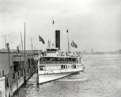 Boston circa 1903. "London Ancients and Honorables leaving Rowe's wharf on steamer Nantasket for harbor trip." 8x10 glass negative. View full size.