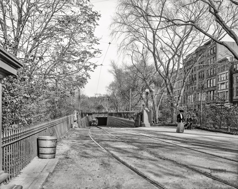 Sub-Boston: 1904 Boston circa 1904. "Descent into subway, Public Gardens." A portal last glimpsed here. 8x10 inch dry plate glass negative, Detroit Photographic Company. View full size.