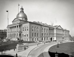 Circa 1904. "State House, Boston, Mass." With Gen. Hooker on sentry duty 24/7. 8x10 inch dry plate glass negative, Detroit Photographic Co. View full size.