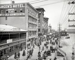 The Jersey Shore in 1904. "Boardwalk at Green's Hotel, Atlantic City." 8x10 inch dry plate glass negative, Detroit Photographic Company. View full size.