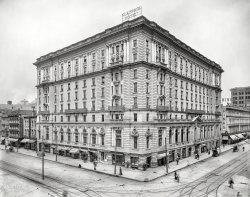 Indianapolis, Indiana, circa 1904. "Claypool Hotel, Washington and Illinois Streets." And, at far left, THE PENCE. We wonder if there might be a family connection to Vice President and former Indiana governor Mike Pence. 8x10 inch dry plate glass negative, Detroit Photographic Company. View full size.