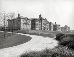 Cincinnati, Ohio, circa 1904. "University of Cincinnati." McMicken Hall, flanked by his siblings Hanna Hall and Cunningham Hall. 8x10 inch dry plate glass negative. View full size.