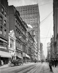1904. "Fifth Avenue, Pittsburg, Pa." Address of the Philadelphia Dental Rooms, on what seems to have been Pittsburgh's go-to street for Painless Dentistry. Looming over it all is the recently completed Farmers Bank building. View full size.