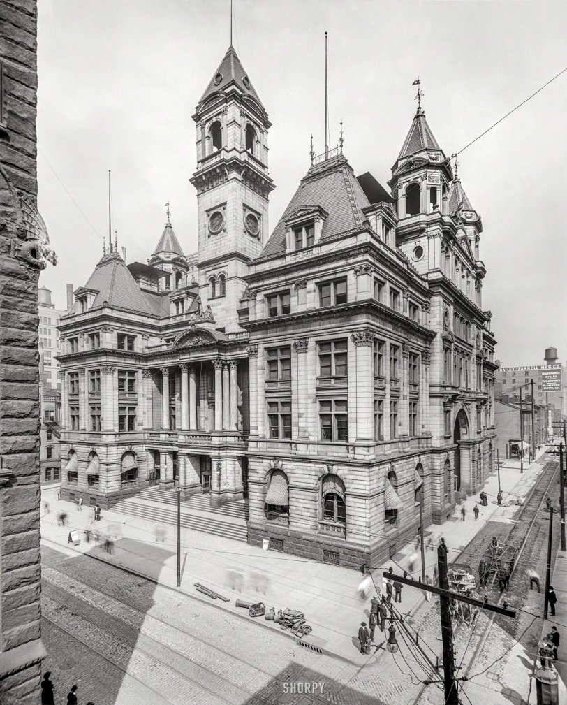 Pittsburgh P.O.: 1904 Pittsburgh circa 1904. "Post Office, Fourth Avenue and Smithfield Street." 8x10 inch dry plate glass negative, Detroit Photographic Company. View full size.