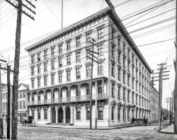 Charleston, South Carolina, circa 1905. "Hotel St. John (Mills House), Meeting Street." Demolished in 1968. 8x10 inch glass negative. View full size.