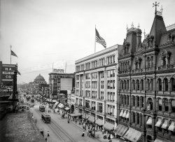 Buffalo, New York, circa 1904. "Main Street." Landmarks on view include the Buffalo Savings Bank dome and Hengerer's department store. 8x10 inch dry plate glass negative, Detroit Publishing Company. View full size.