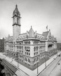 Buffalo, New York, circa 1905. "Post Office on Ellicott Street." Note the numerous gargoyles. 8x10 inch dry plate glass negative, Detroit Publishing Company. View full size.