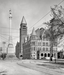 LIBERTY AND UNION
NOW AND FOREVER, ONE AND INSEPARABLE
1904. "Steele High School and Soldiers' Monument, Dayton, O." 8x10 inch dry plate glass negative, Detroit Photographic Company. View full size.