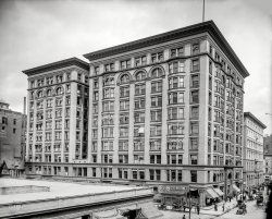 "Spitzer Building, Madison Avenue, Toledo, 1905." The former hub of downtown Toledo's legal community, this red-brick edifice completed in the 1890s is now vacant and in disrepair. 8x10 inch glass negative. View full size.