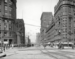 Circa 1905. "Euclid Avenue, Cleveland." Our title is a callout to Mme. K. Peal, dealer in HUMAN HAIR GOODS:  POMPADOURS, SWITCHES, WIGS. 8x10 inch dry plate glass negative, Detroit Publishing Company. View full size.