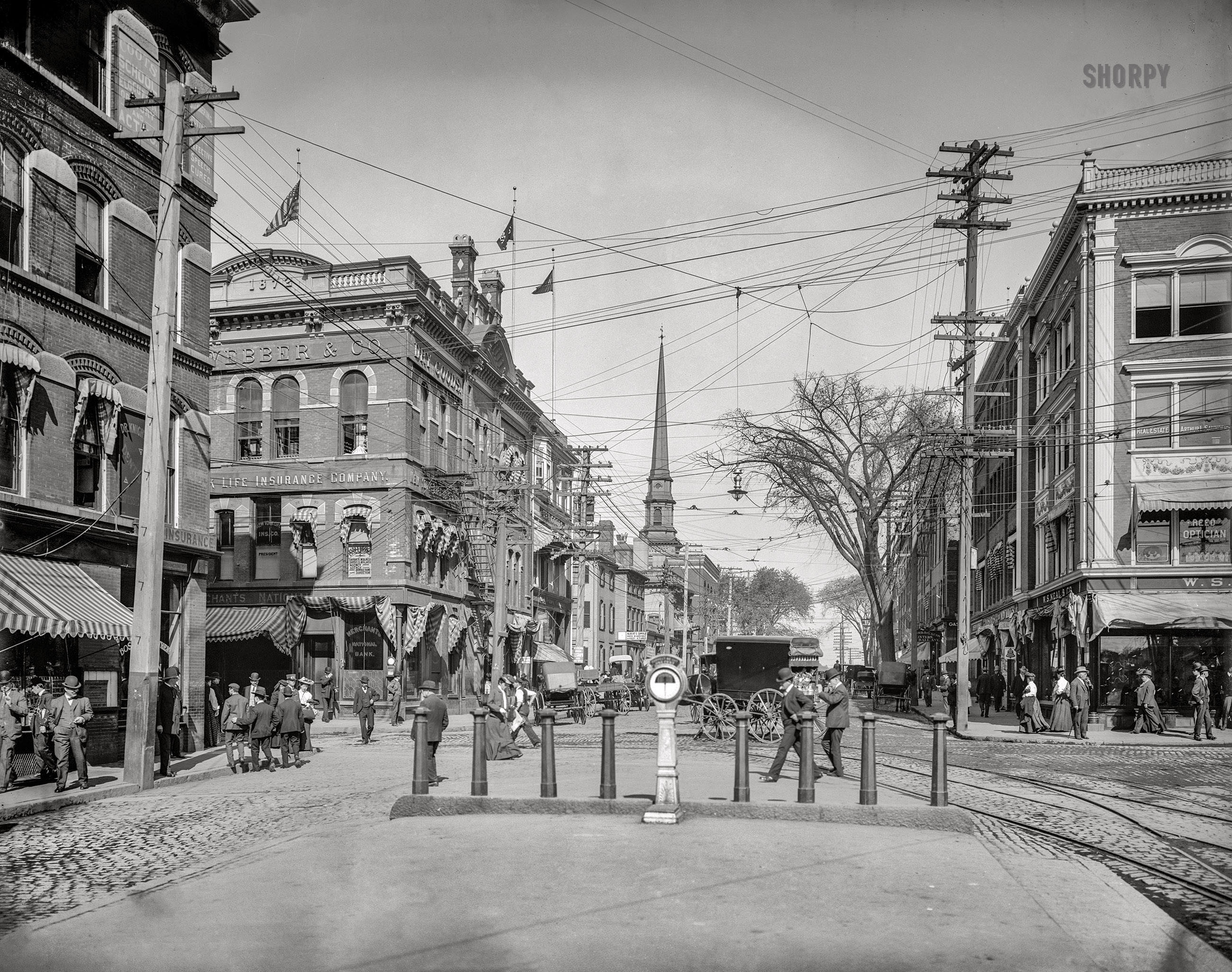 Salem, Massachusetts, 1906. "Town House Square at Washington and Essex Streets." With beaucoup bollards. 8x10 inch glass negative, Detroit Publishing Company.