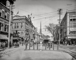 Salem, Massachusetts, 1906. "Town House Square at Washington and Essex Streets." With beaucoup bollards. 8x10 inch glass negative, Detroit Publishing Company. View full size.
