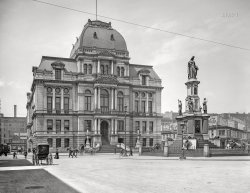 Providence, Rhode Island, circa 1906. "City Hall and Soldiers' and Sailors' Monument." And behind the monument, a billboard bonanza advertising Moxie, Coca-Cola, shoes, gin, ale ... 8x10 inch dry plate glass negative, Detroit Publishing Company. View full size.