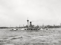 The Hudson River, 1892. "U.S. double turret monitor Miantonomoh." Named after the Narragansett chief. 8x10 inch dry plate glass negative by Edward H. Hart. View full size.
