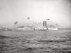 1901. "Steamer Priscilla, Fall River Line." A the time of its launch in 1894, the 1,500-passenger Priscilla was the largest sidewheeler afloat. 8x10 inch dry plate glass negative, Detroit Photographic Company. View full size.