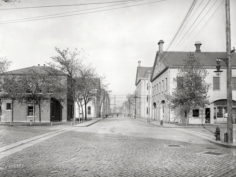 Navy Yard: 1904 New York circa 1904. "Brooklyn Navy Yard -- view from Sands Street entrance." 8x10 inch dry plate glass negative, Detroit Publishing Company. View full size.