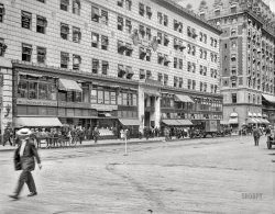 New York circa 1910. "Putnam Building from Seventh Avenue and Broadway (Times Square)." Home to a variety of merchants and practitioners, as well as a Shanley's restaurant; across W. 44th Street we see the Hotel Astor. 8x10 glass negative, Detroit Publishing Co. View full size.