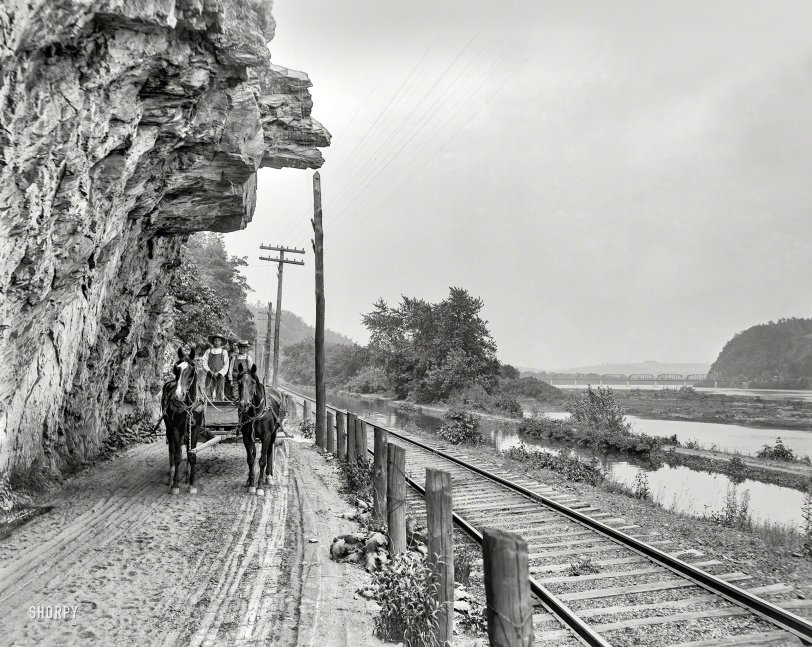Errand Boys: 1901 Columbia County, Pennsylvania, circa 1901. "Hanging rock on the Susquehanna, near Danville." A scene last glimpsed here. 8x10 glass negative. View full size.