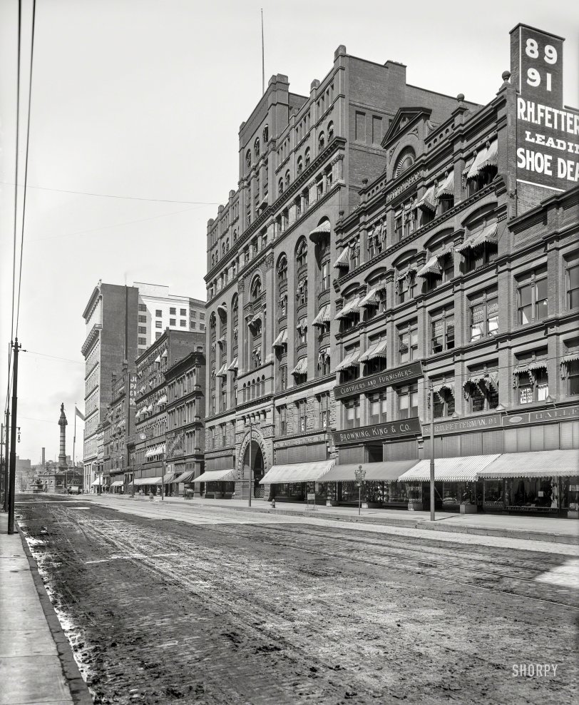 Cleveland Arcade: 1900 Cleveland circa 1900. "Arcade Building, south face, Euclid Avenue." Public Square in the distance. 8x10 glass negative, Detroit Photographic Co. View full size.