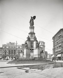 ERECTED BY THE PEOPLE OF MICHIGAN IN HONOR OF
THE MARTYRS WHO FELL AND THE HEROES WHO FOUGHT
IN DEFENCE OF LIBERTY AND UNION
Detroit circa 1905. "Campus Martius -- Soldiers' and Sailors' Monument and Detroit Opera House." 8x10 inch dry plate glass negative, Detroit Publishing Company. View full size.