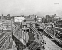 Boston, Massachusetts, circa 1904. "Dudley Street Station, Boston 'L' Railway." A scene last glimpsed here, 15 years ago. 8x10 glass negative, Detroit Photographic Co. View full size.