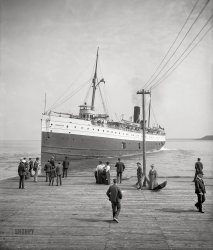 Circa 1905. "Steamer Manitou at dock, Mackinac Island, Michigan." 8x10 inch dry plate glass negative, Detroit Publishing Company. View full size.