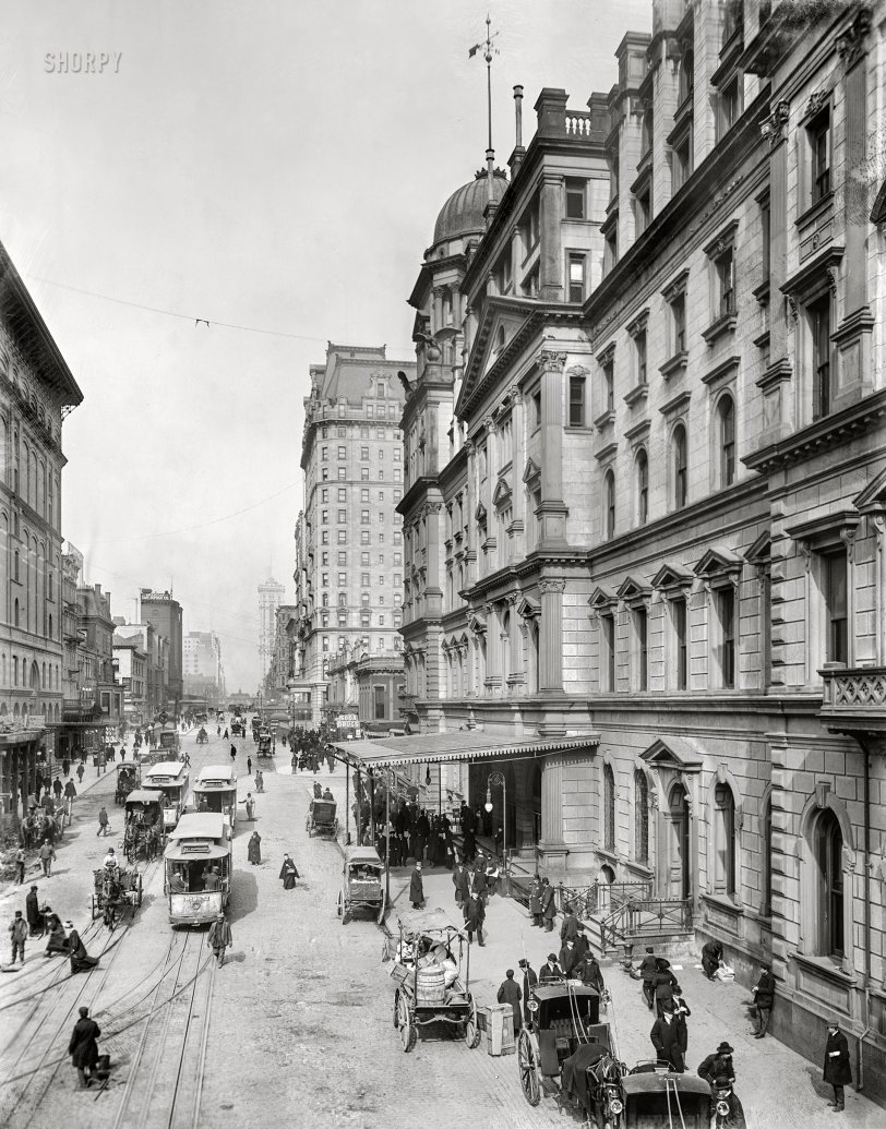 Snap Shatow: 1905 Circa 1905. "New York City, Snap Shatow, 42nd Street, showing entrance to Grand Central Station." 8x10 inch dry plate glass negative, Detroit Photographic Company. View full size.