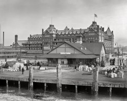 Hampton Roads, Virginia, circa 1905. "Old Point Comfort -- government dock and Hotel Chamberlin." 8x10 inch dry plate glass negative, Detroit Publishing Company. View full size.