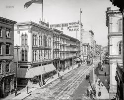Richmond, Virginia, circa 1905. "Main Street west from Eleventh." Merchants and products vying for our trade include O.H. Berry & Co. Outfitters, Southern Dental Rooms, David's Cough Syrup and Dixie Liniment. 8x10 inch glass negative, Detroit Photographic Co. View full size.