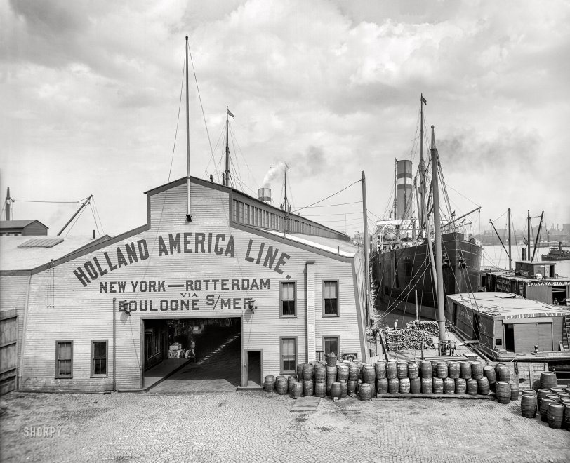 Vintage Port: 1905 Hoboken, New Jersey, circa 1905. "Entrance to Holland America Line piers." 8x10 inch dry plate glass negative, Detroit Photographic Company. View full size.