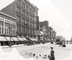 Detroit circa 1905. "Ferry Building, Woodward Avenue, looking south from Grand River Avenue." 8x10 inch dry plate glass negative, Detroit Publishing Company. View full size.