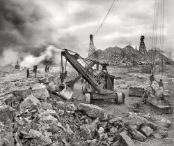 Circa 1910. "Steam shovel removing rock loosened by dynamite, Livingstone Channel, Michigan." Construction of the navigation channel along the Detroit River. (Is that Mike Mulligan at the controls?) 8x10 inch glass negative, Detroit Publishing Co. View full size.